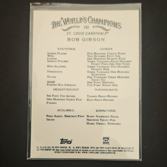 2024 Topps Allen & Ginter - Bob Gibson #193 - Picture 2 of 6